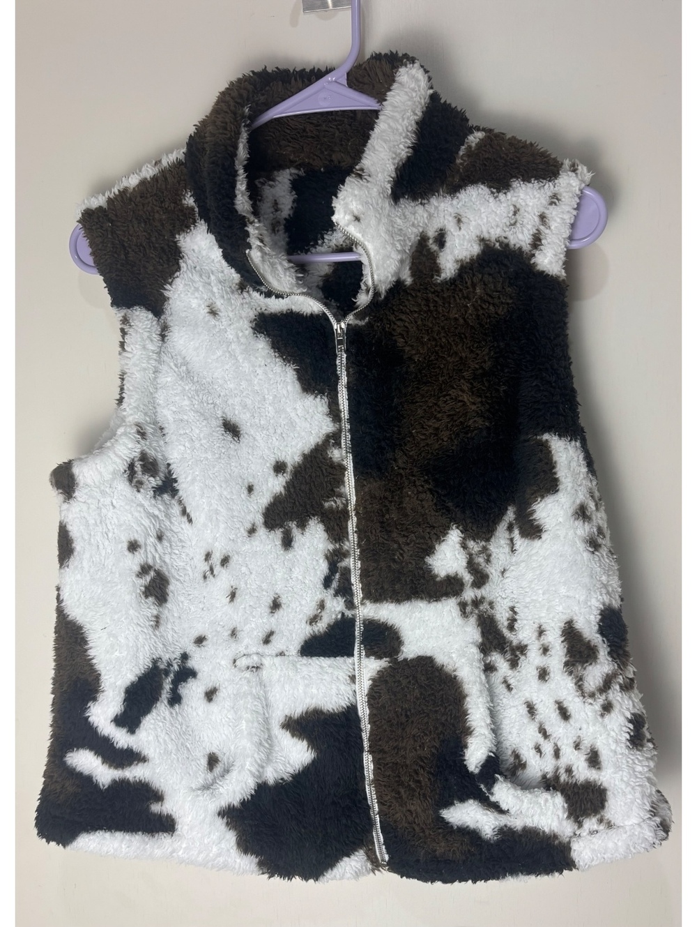 Effordram Cow Print Sherpa Vest L Western Cowgirl Fuzzy Zip Y2K